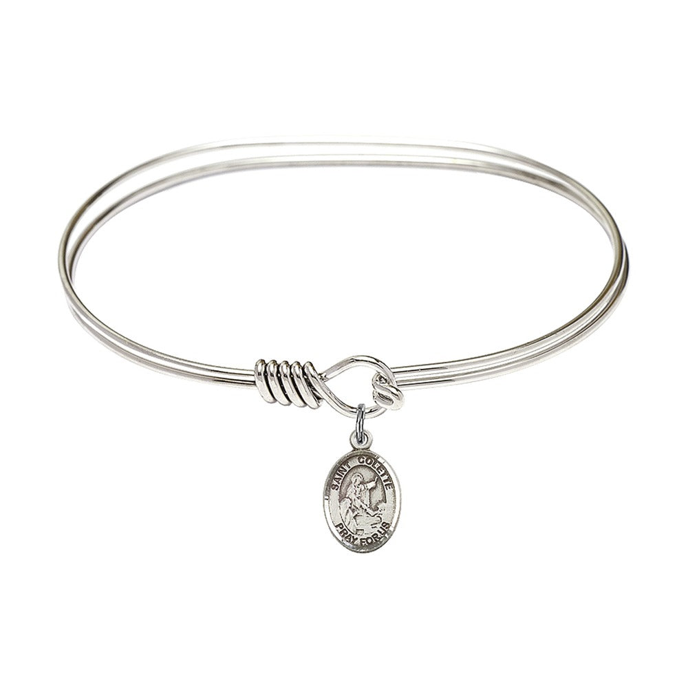 Adult 7" Oval  Rhodium Plated Bangle Bracelet with St. Colette Medal Charm