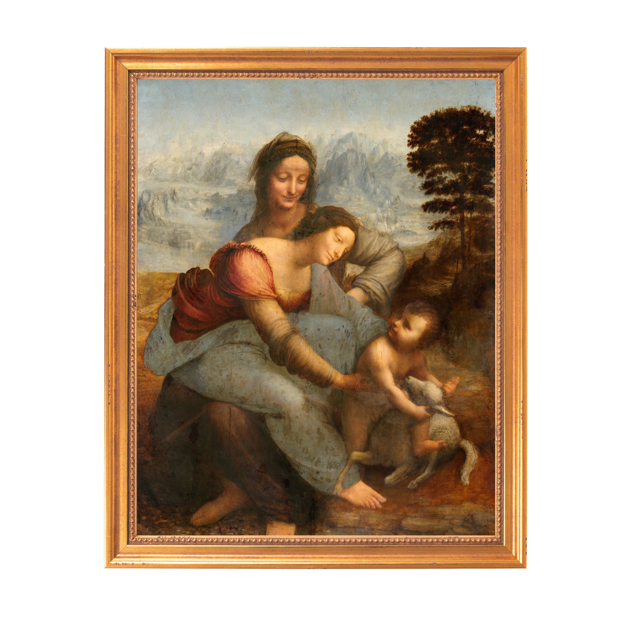 Framed painting of the Virgin and Child with St. Anne in Renaissance style with a gold-toned frame.