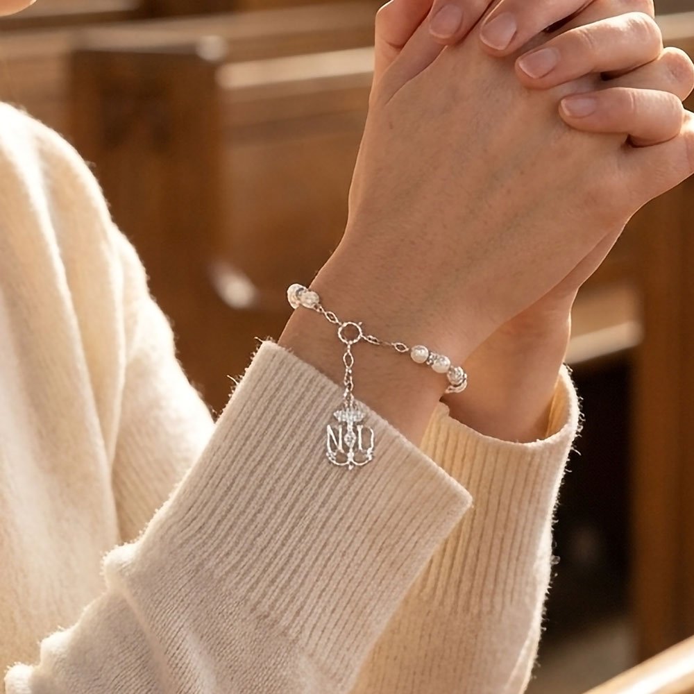Mother of Pearl & Sterling Silver Notre Dame Rosary Bracelet