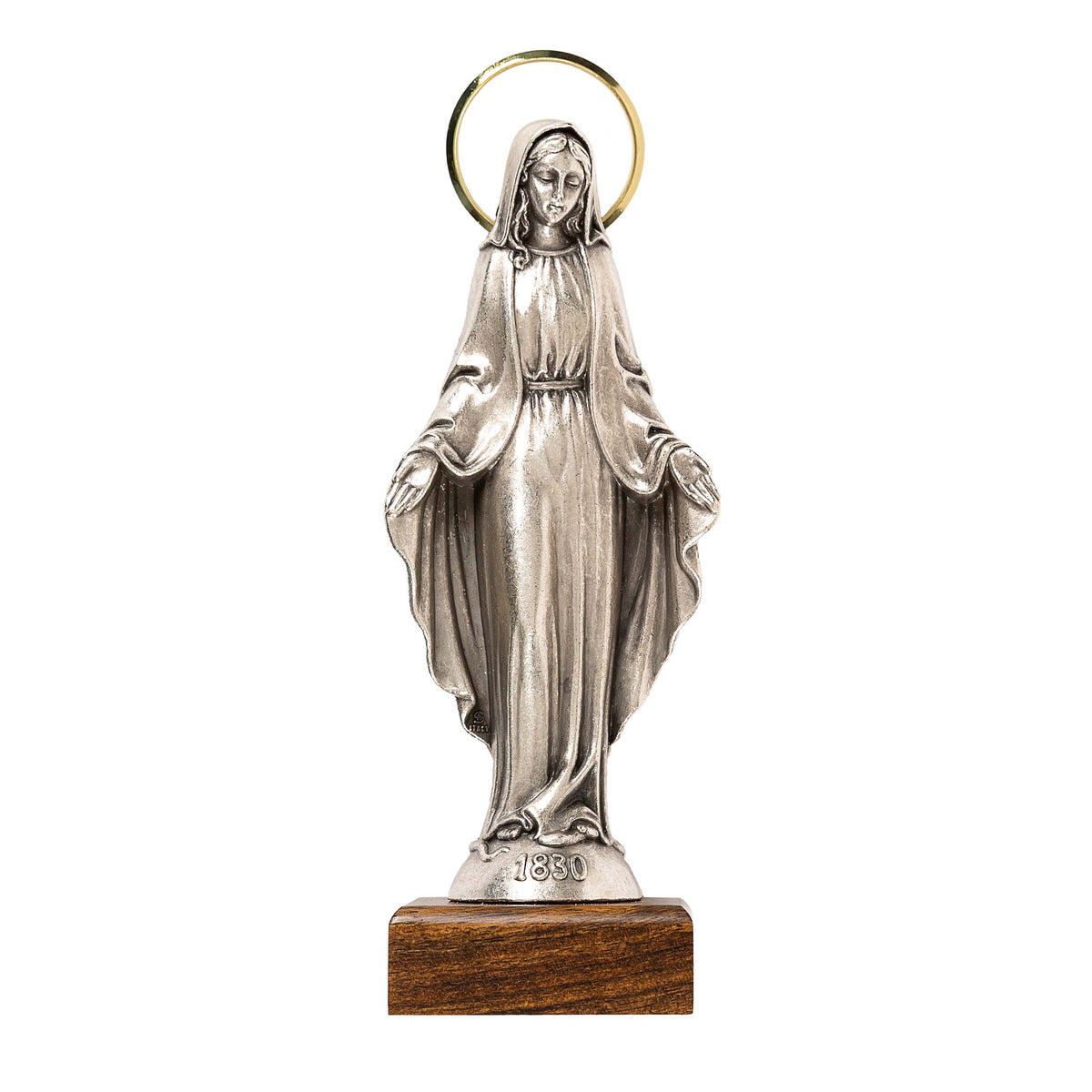 Our Lady of Grace Silver Figurine on Wood Base - 7"