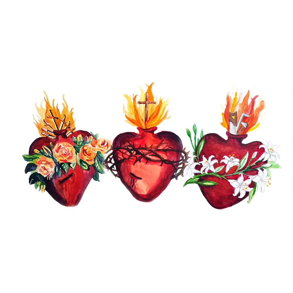Hearts of the Holy Family Unframed Watercolor Print - Multiple Sizes