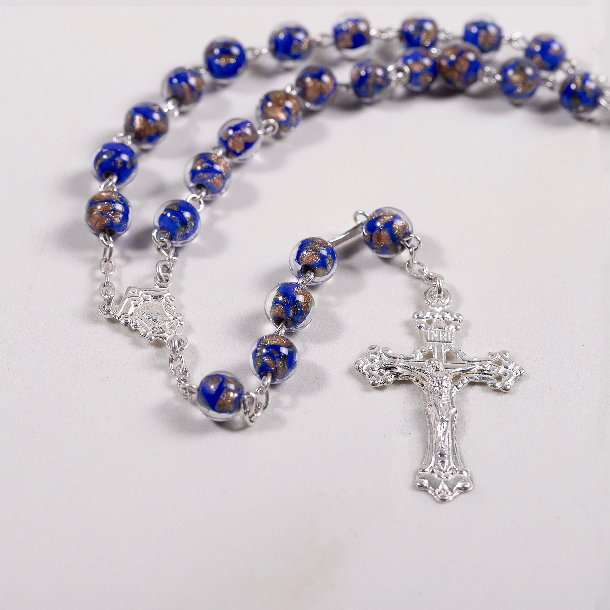 Italian Sterling Blue & Gold Glass Rosary
