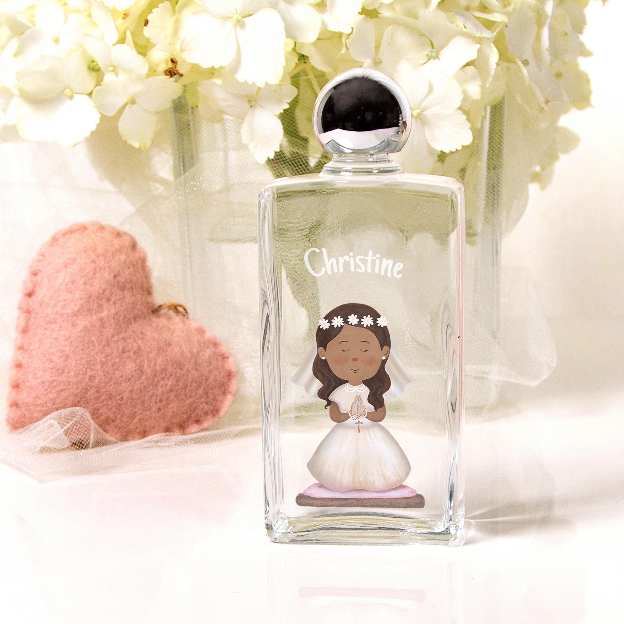 Personalized, Clear glass baptism favor bottle with chrome top, girl graphic and name.