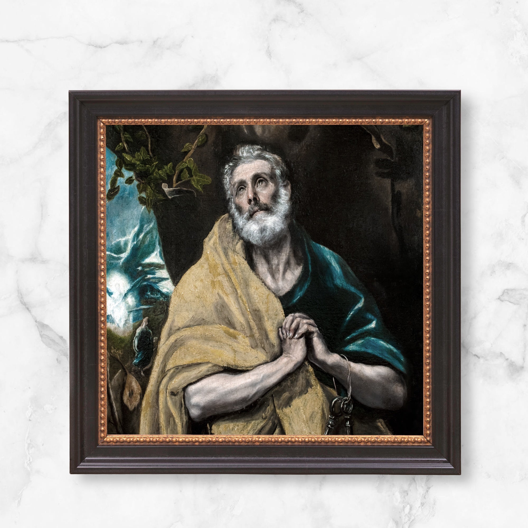 Framed Portrait of St. Peter oil painting. Man with white beard looks up. Keys hang from his robe. Dark wood frame.