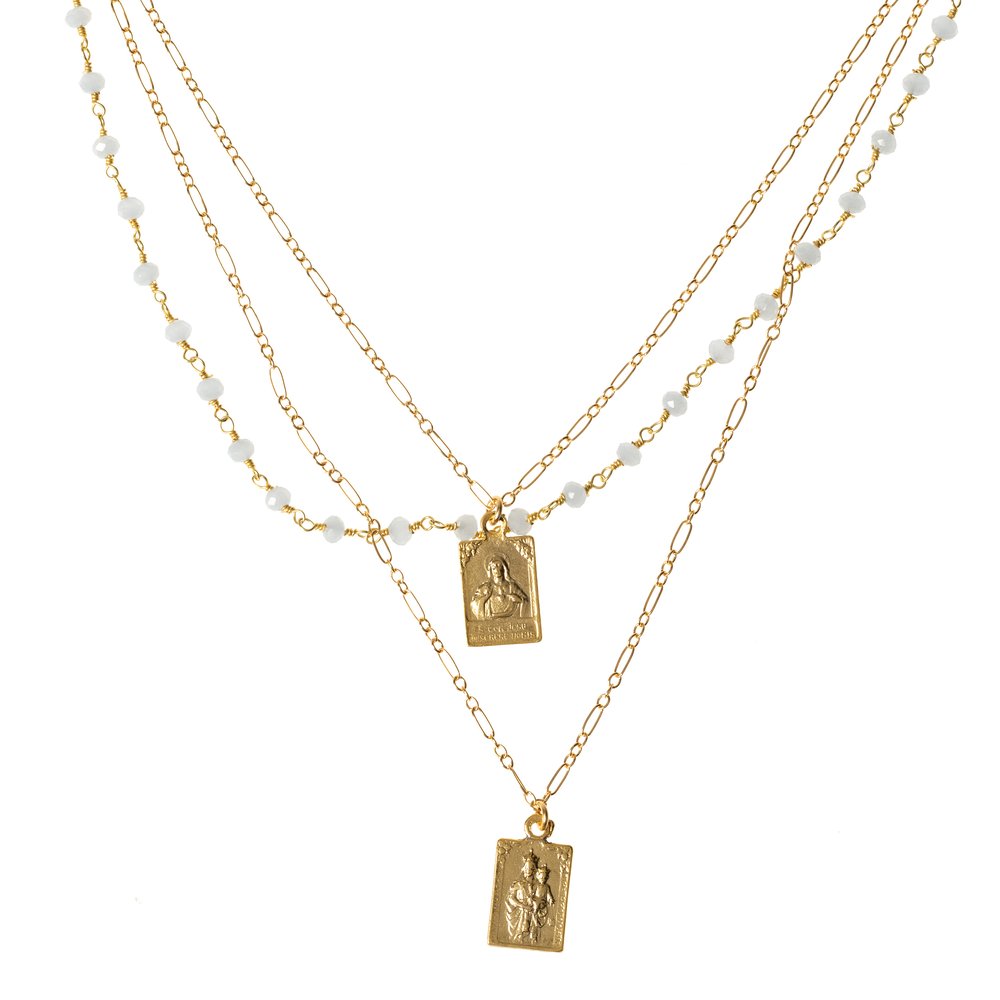 Triple Strand Scapular & Chalcedony Necklace