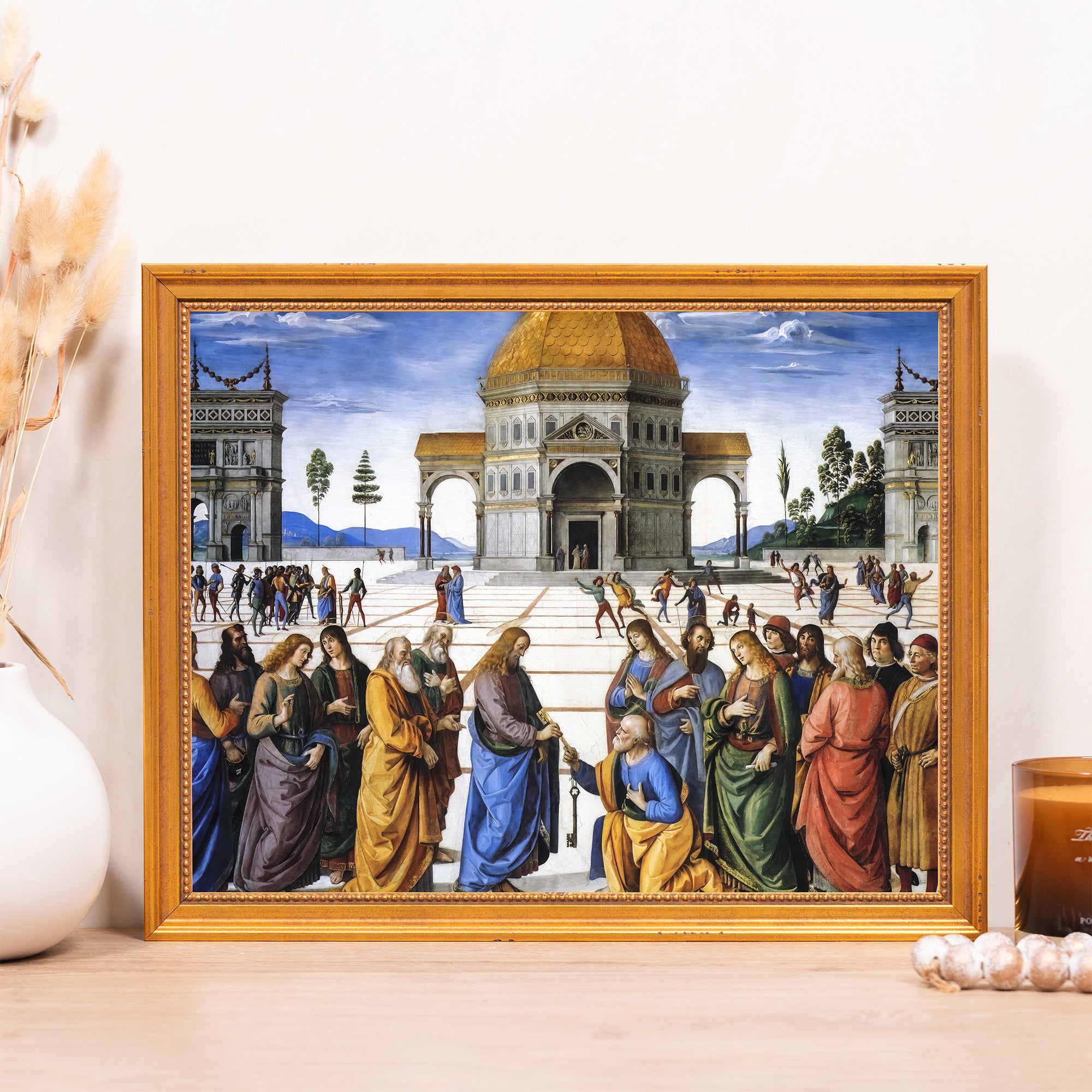 Framed painting of "Christ Handing the Keys to St. Peter" in Renaissance style with a gold frame.