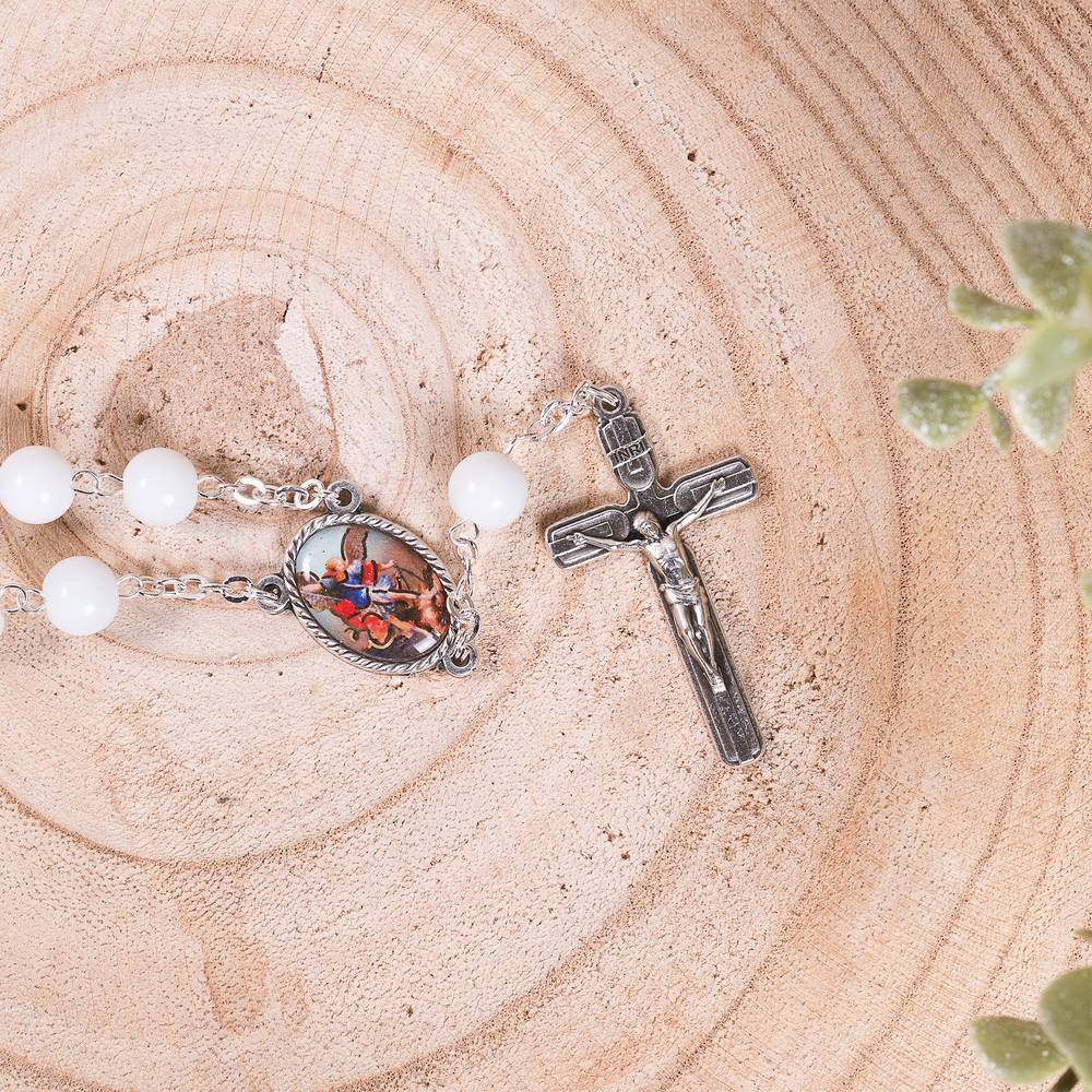 St. Michael White Glass Auto Rosary