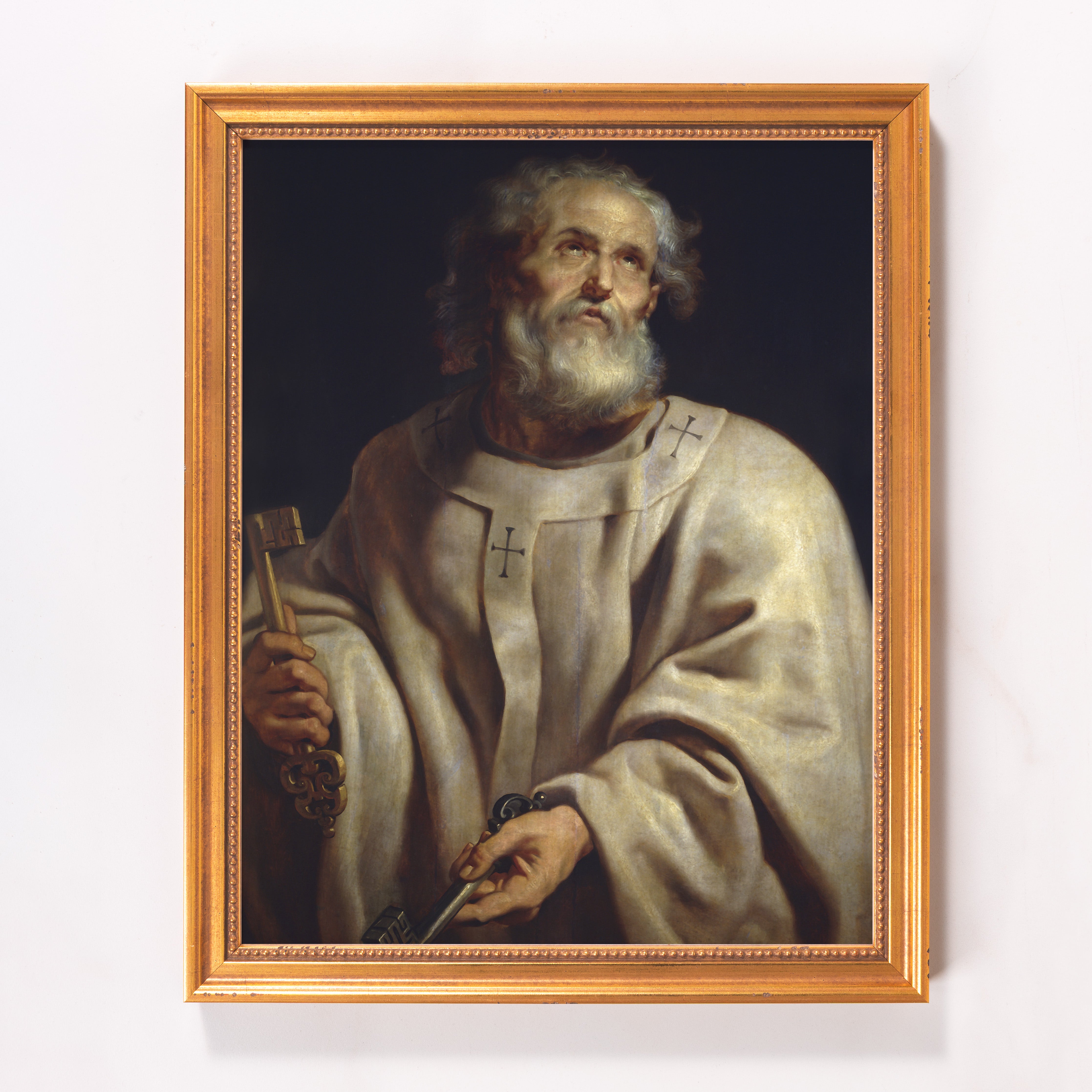 Framed painting depicts Saint Peter holding keys, gold frame, and classic style.