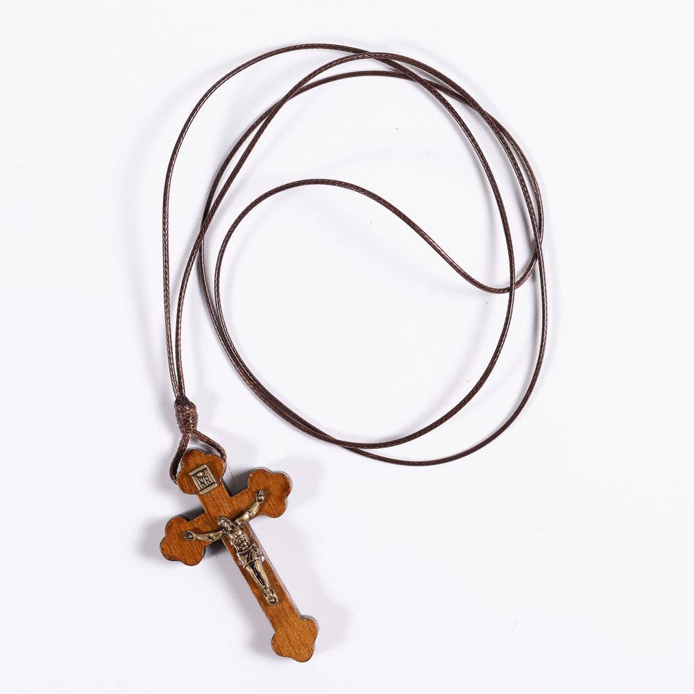 Wooden Budded Crucifix Corded Necklace