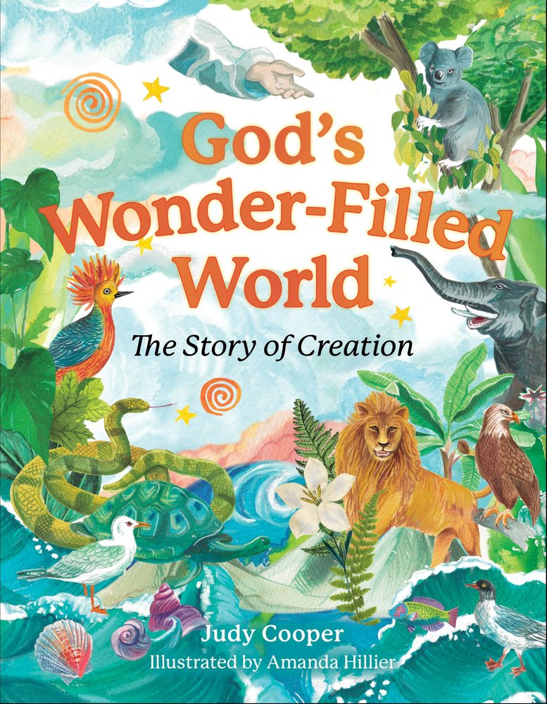 Children's book cover "God's Wonder-Filled World" with colorful watercolor-style animals and nature scenes.
