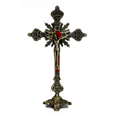 Antique Brass Standing Crucifix with Red Inlay - 8"