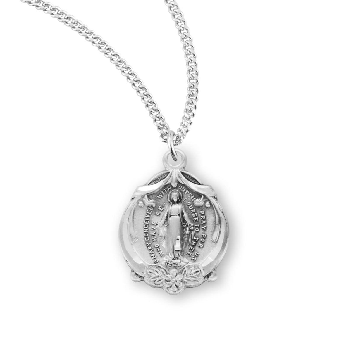 Monacle Ribbon Sterling Ribbon & Rosette Miraculous Medal Necklace
