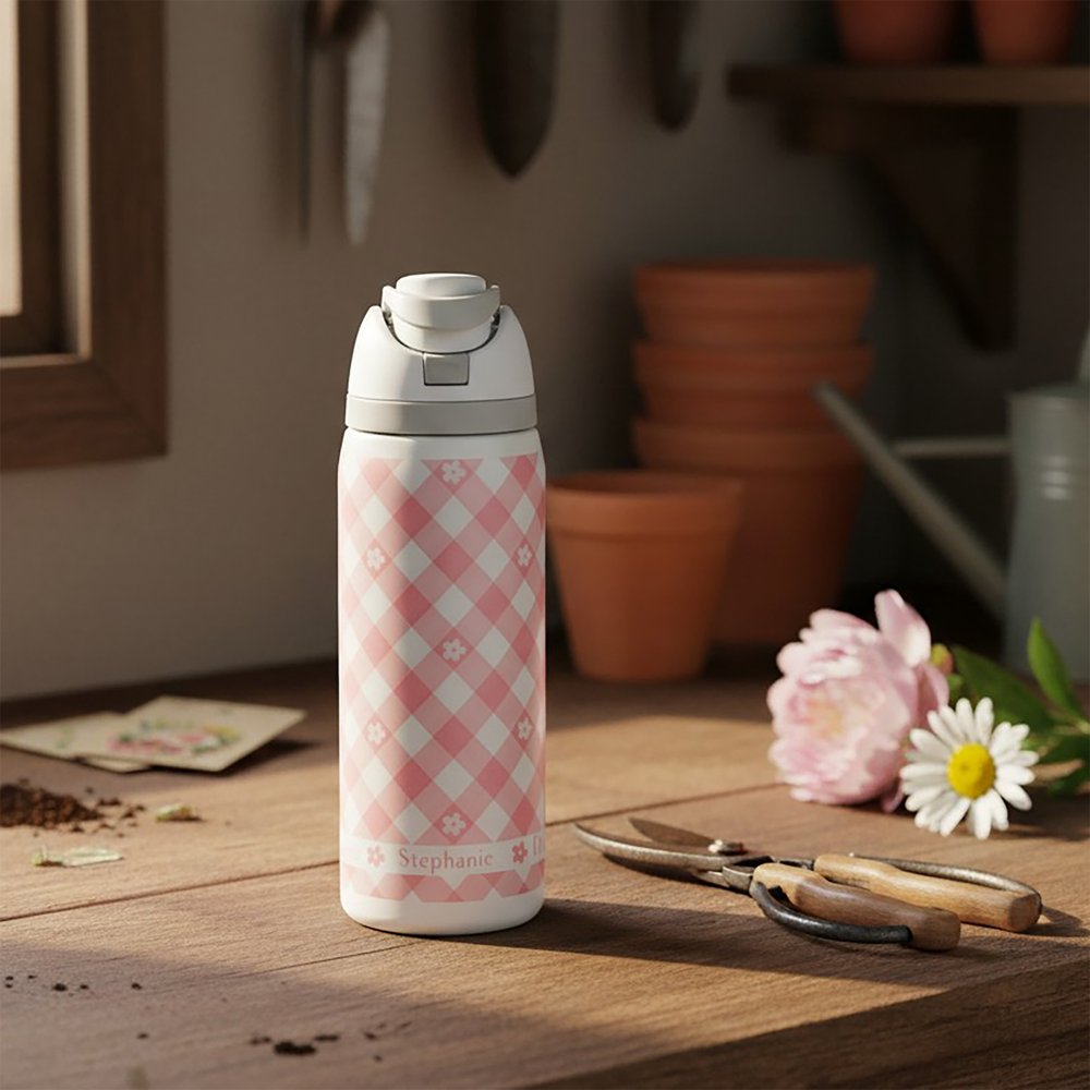 White water bottle with pink gingham design, personalized with the name "Stephanie.".
