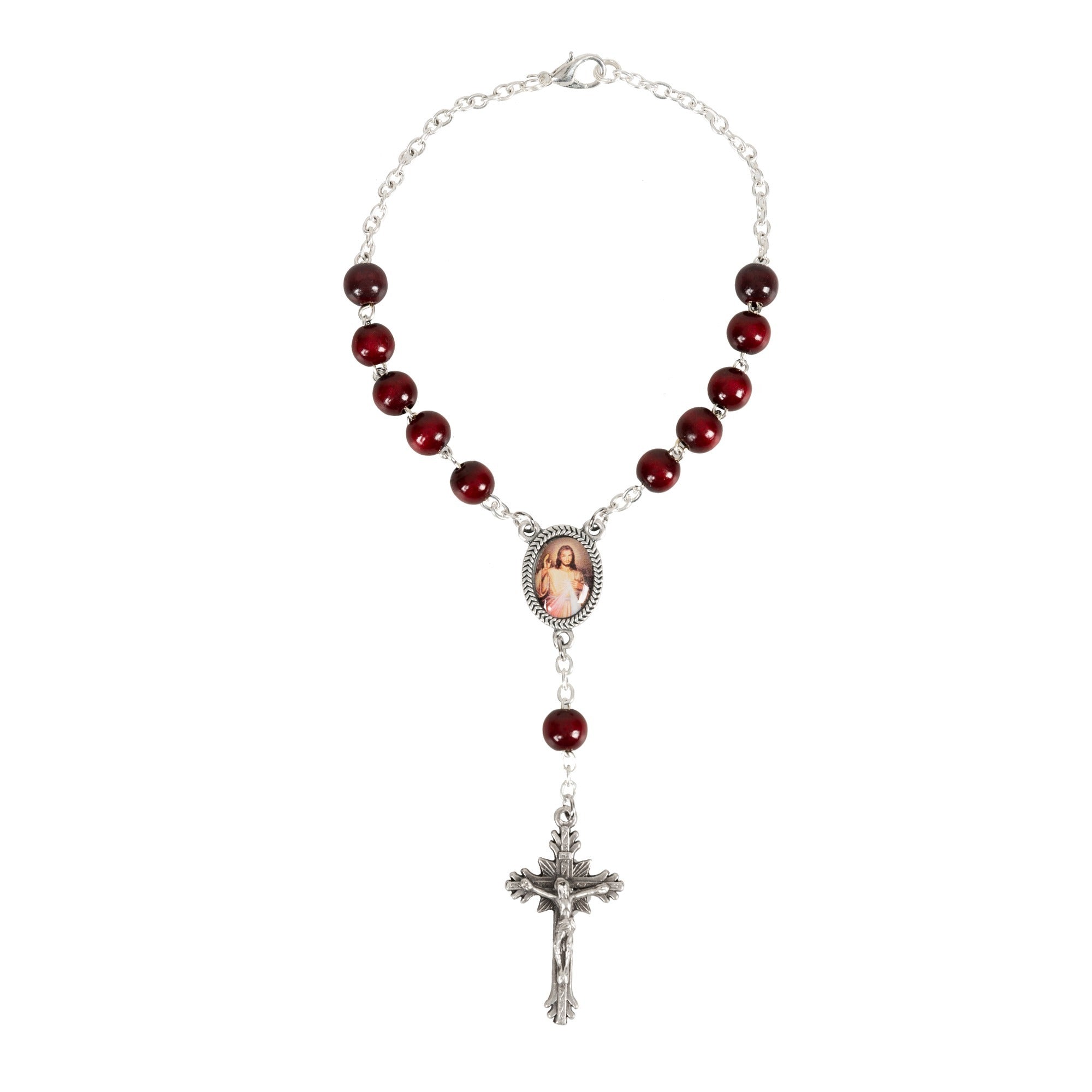 Divine Mercy Red Wood Auto Rosary