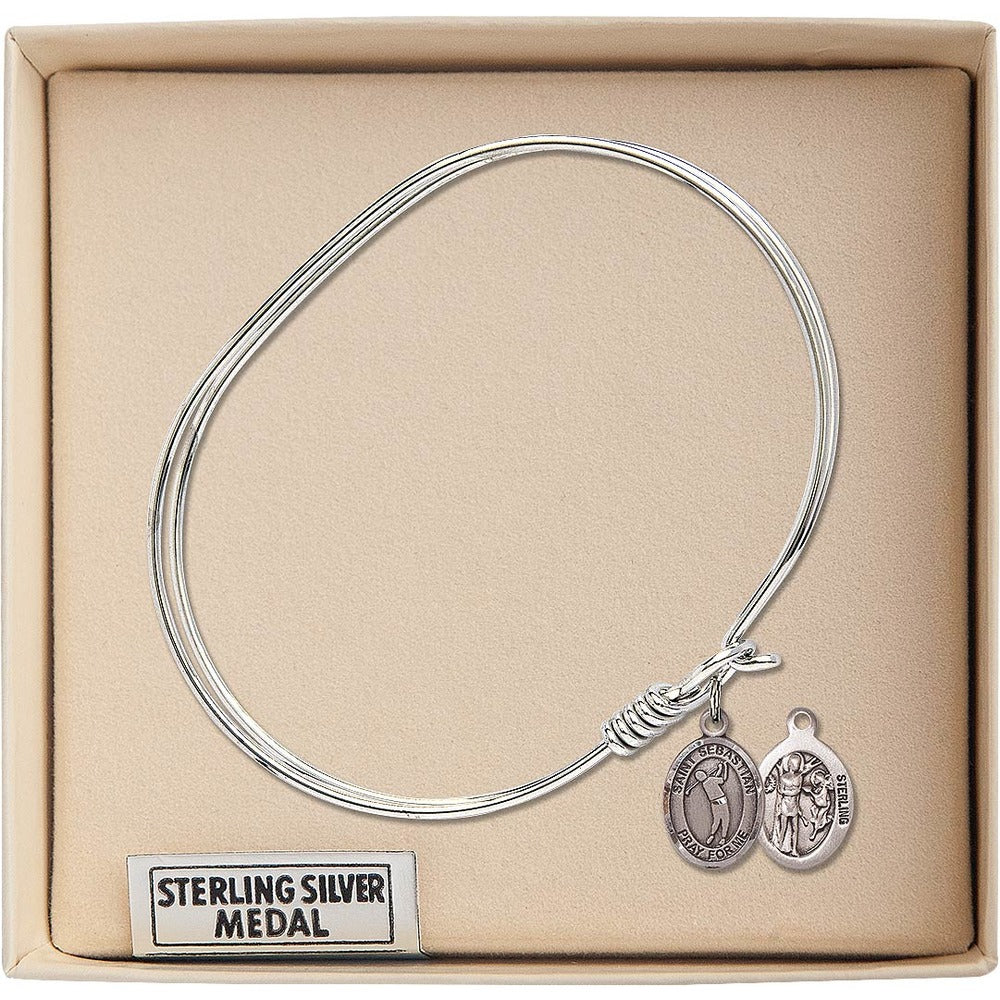 Adult 7" Oval  Rhodium Plated Bangle Bracelet with St. Sebastian/Golf Medal Charm