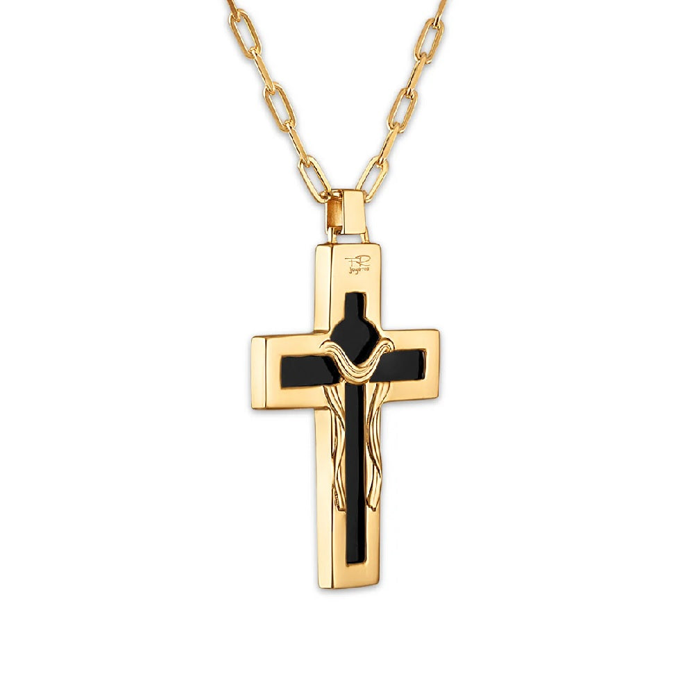 Carved Black & White Cameo Crucifix Necklace