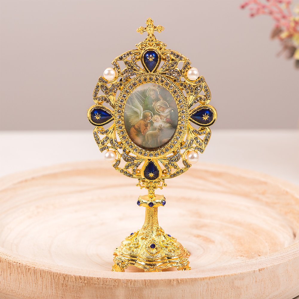 Nativity Holy Family Pearl Jeweled Monstrance Reliquary style icon Shrine, 7 inch