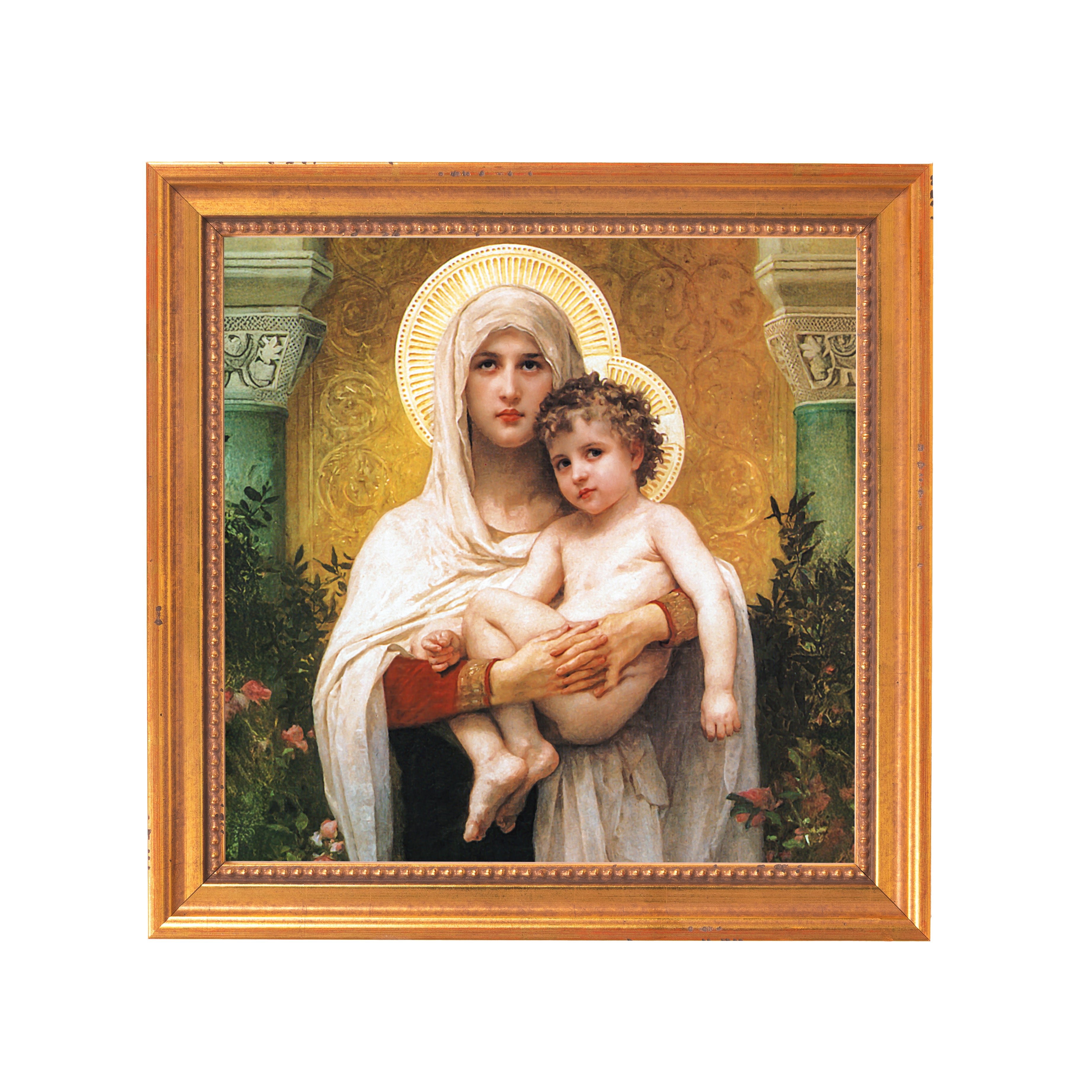 Framed painting of Madonna and Child with golden halos and an ornate gold frame.