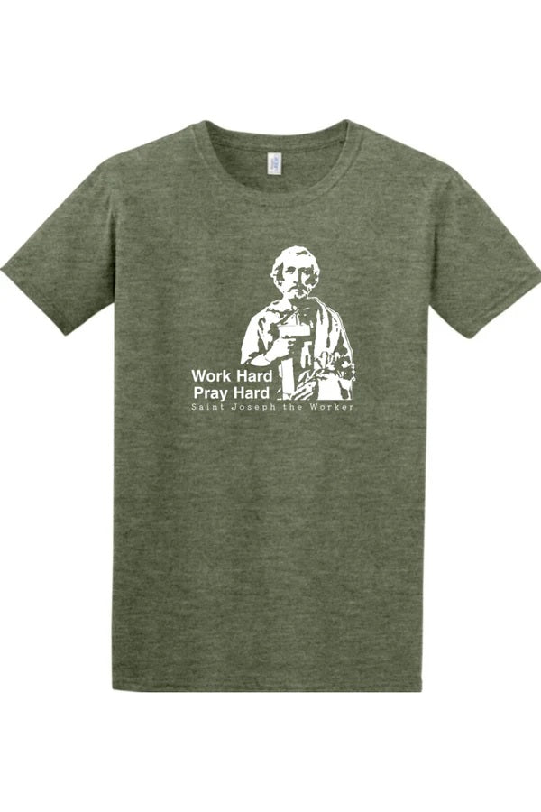 Work Hard Pray Hard St. Joseph the Worker Green Adult T-Shirt