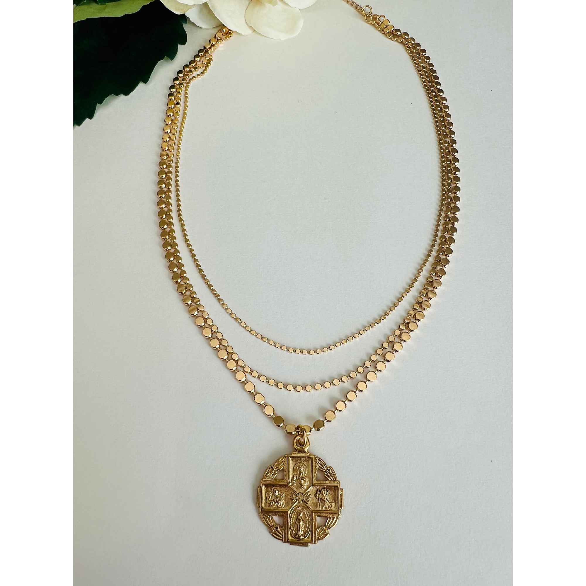 Vintage Gold 4-Way Cross Triple Chain Necklace