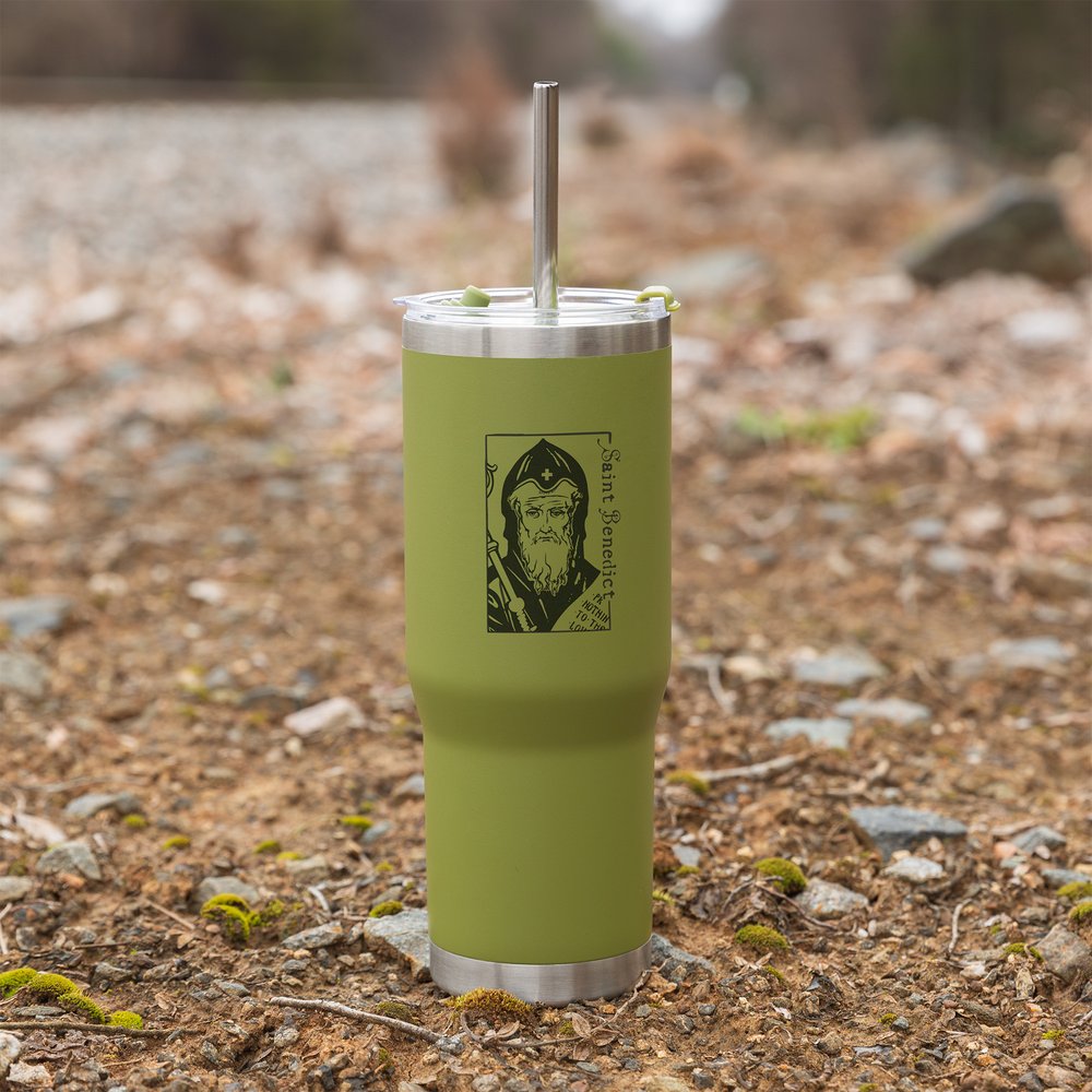 Green St. Benedict Stainless Steel Tumbler with Straw