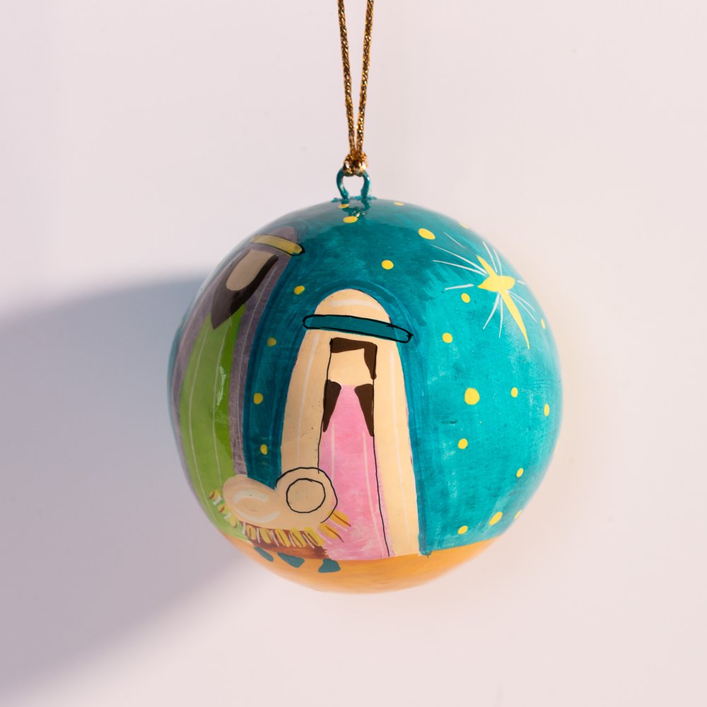 Blue Papier-Mâché Nativity Ornament
