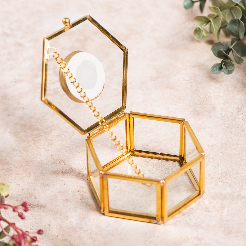 Gold Crucifix Glass Rosary Box
