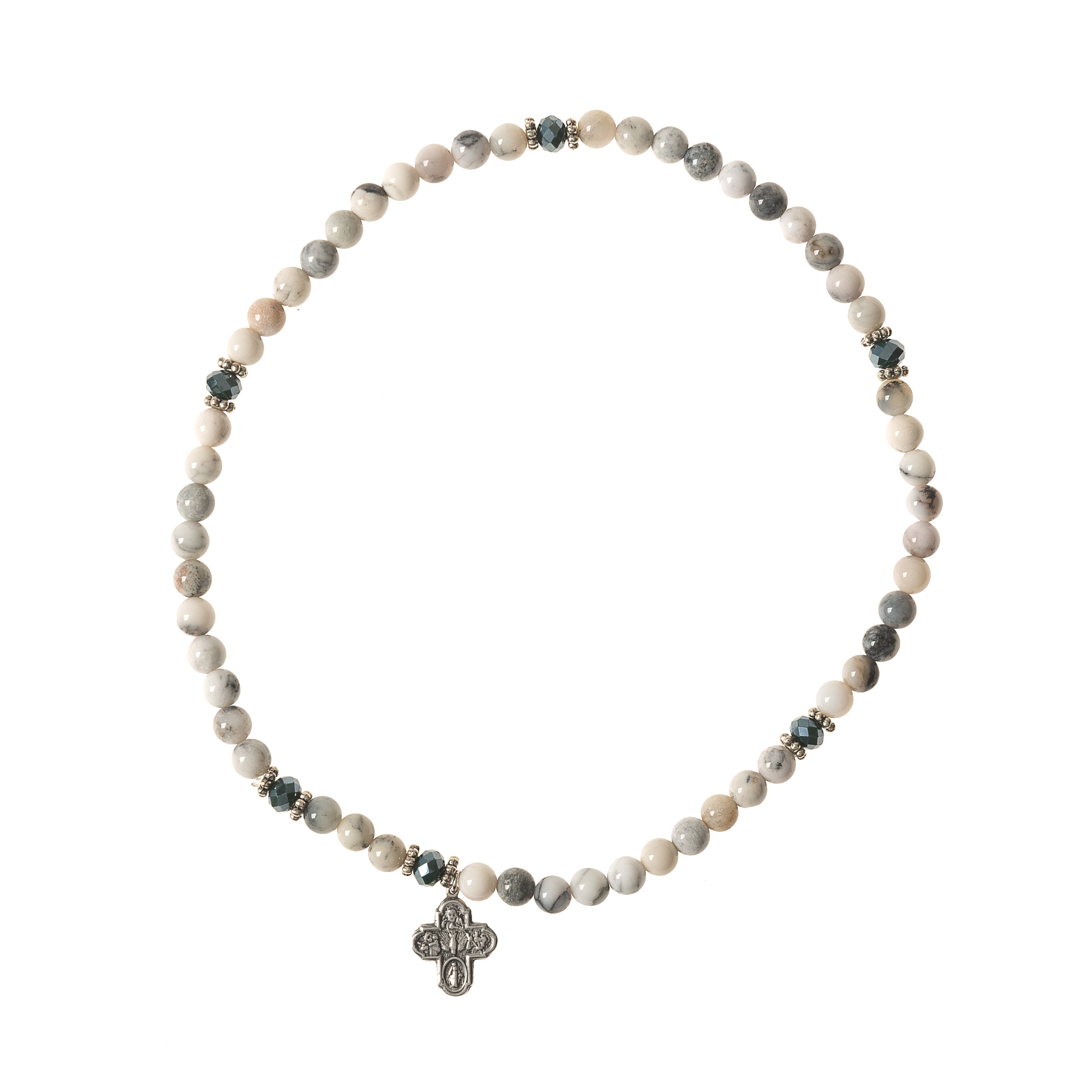 Beaded bracelet with a silver cross pendant, white and gray agate beads, and crystal accents.