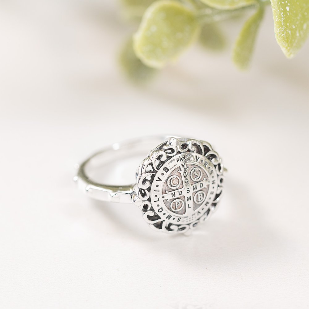 Sterling Silver St. Benedict Filigree Rosary Ring