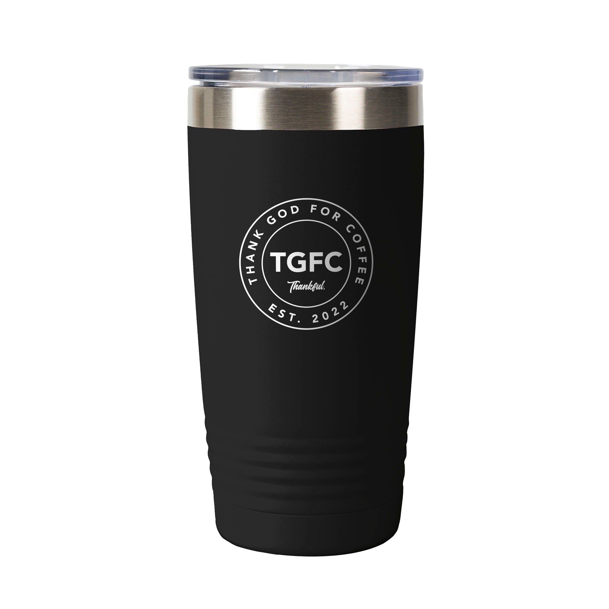 Black, stainless steel tumbler with silver lid and "Thank God For Coffee" design.