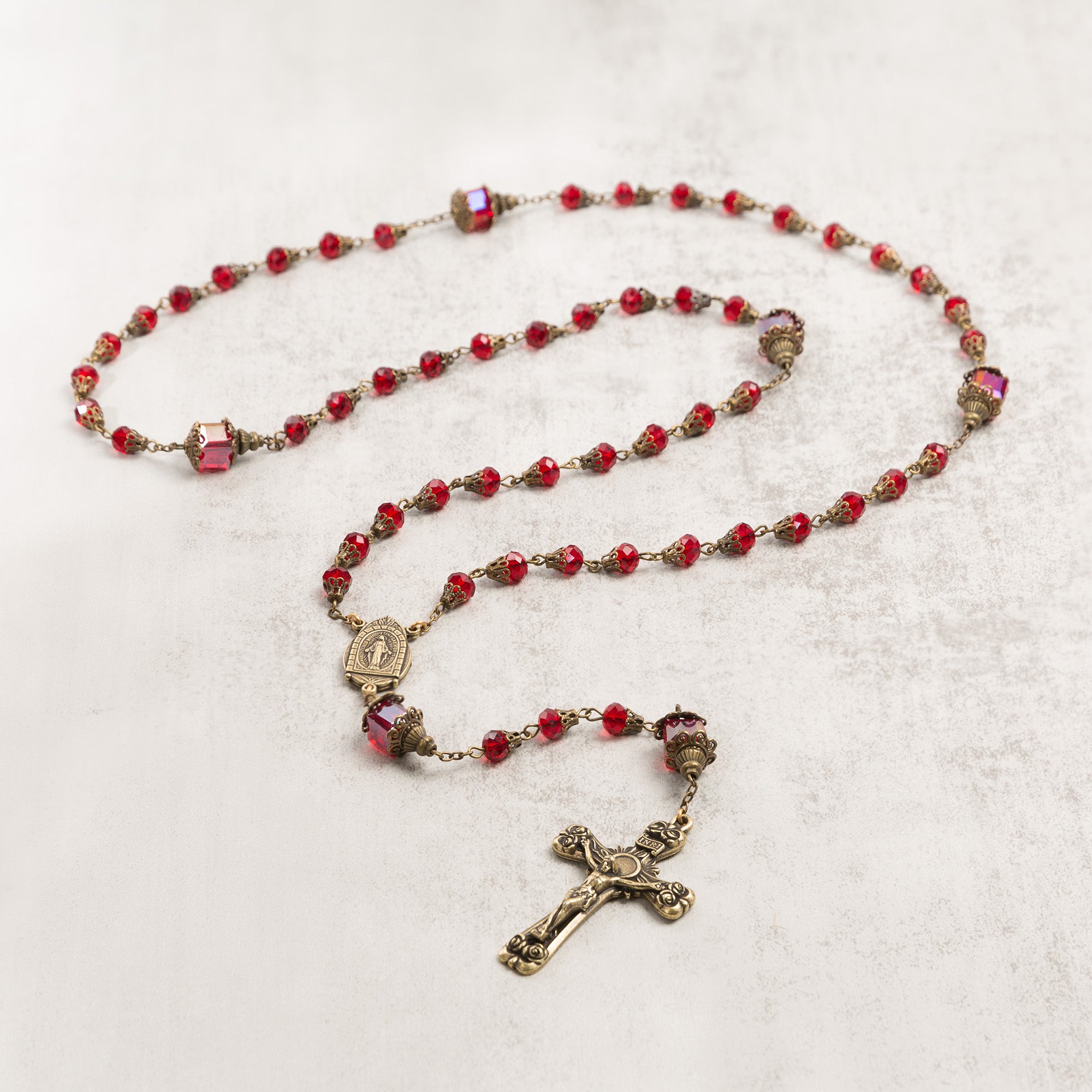 Ruby & Brass Crystal Bead Rosary