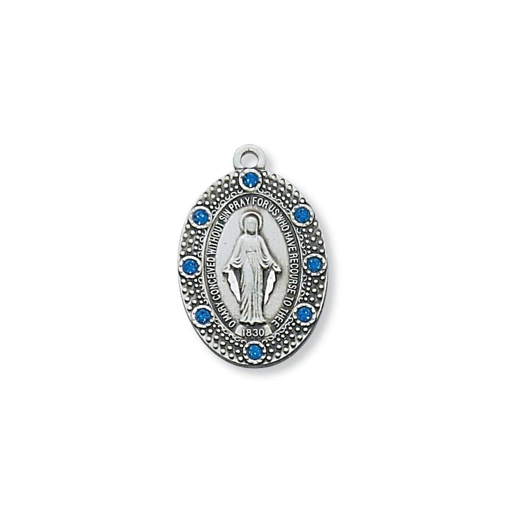 Sterling Silver Miraculous Medal w/Blue Crystal Stones and 18 inch Chain
