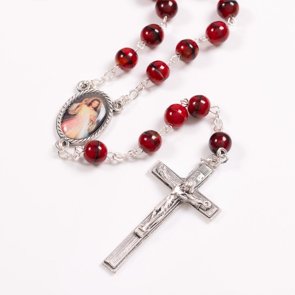 Black & Red Bead Divine Mercy Rosary with Colored Centerpiece
