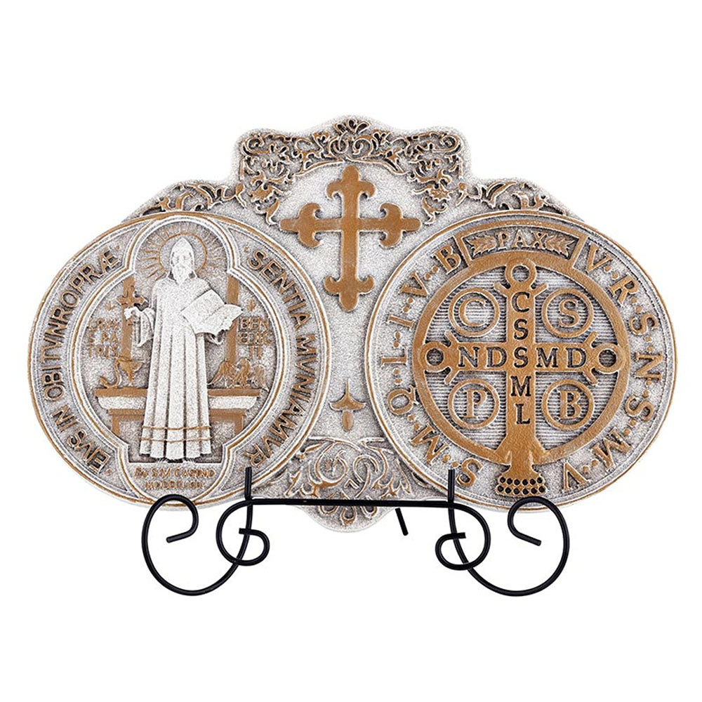White & Gold St. Benedict Medal Standing Plaque