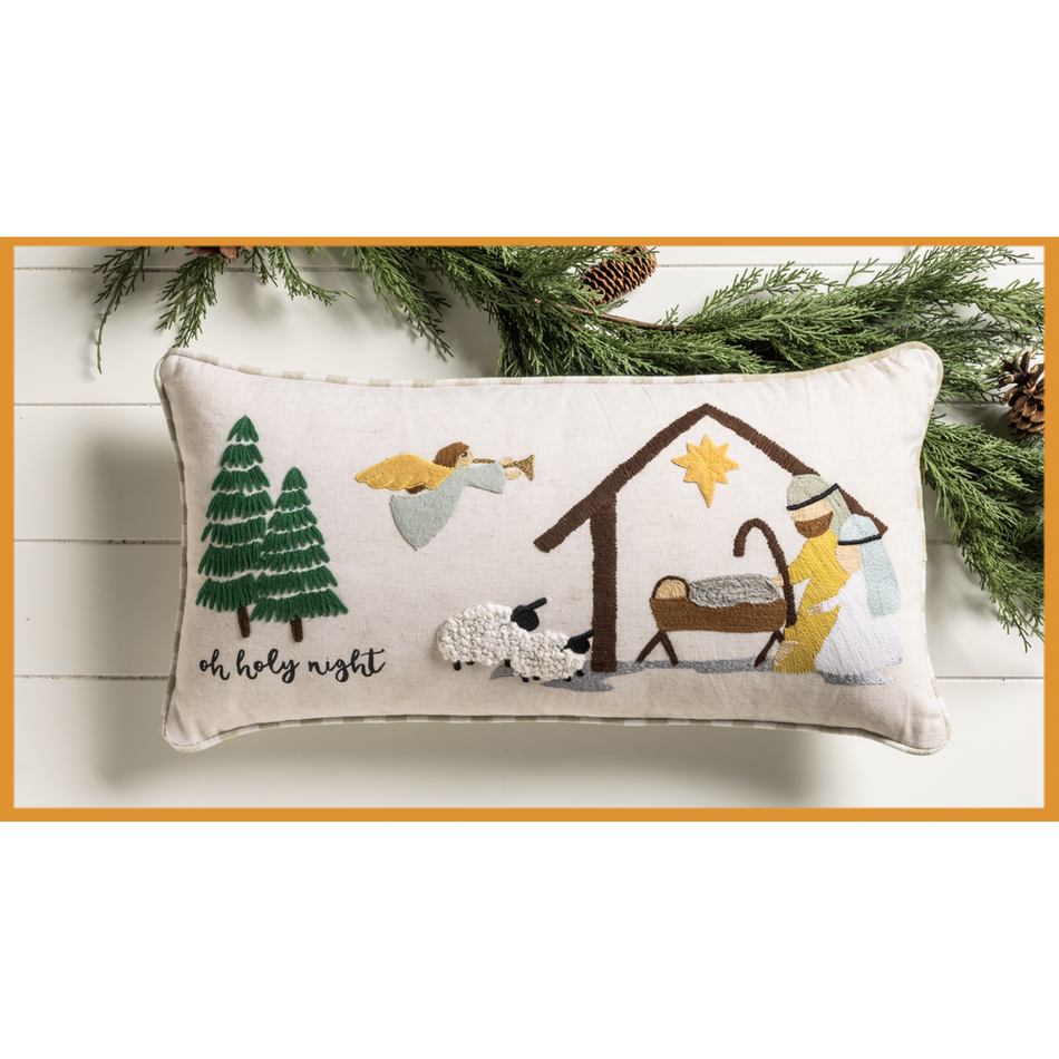 Oh Holy Night Embroidered Nativity Scene Pillow