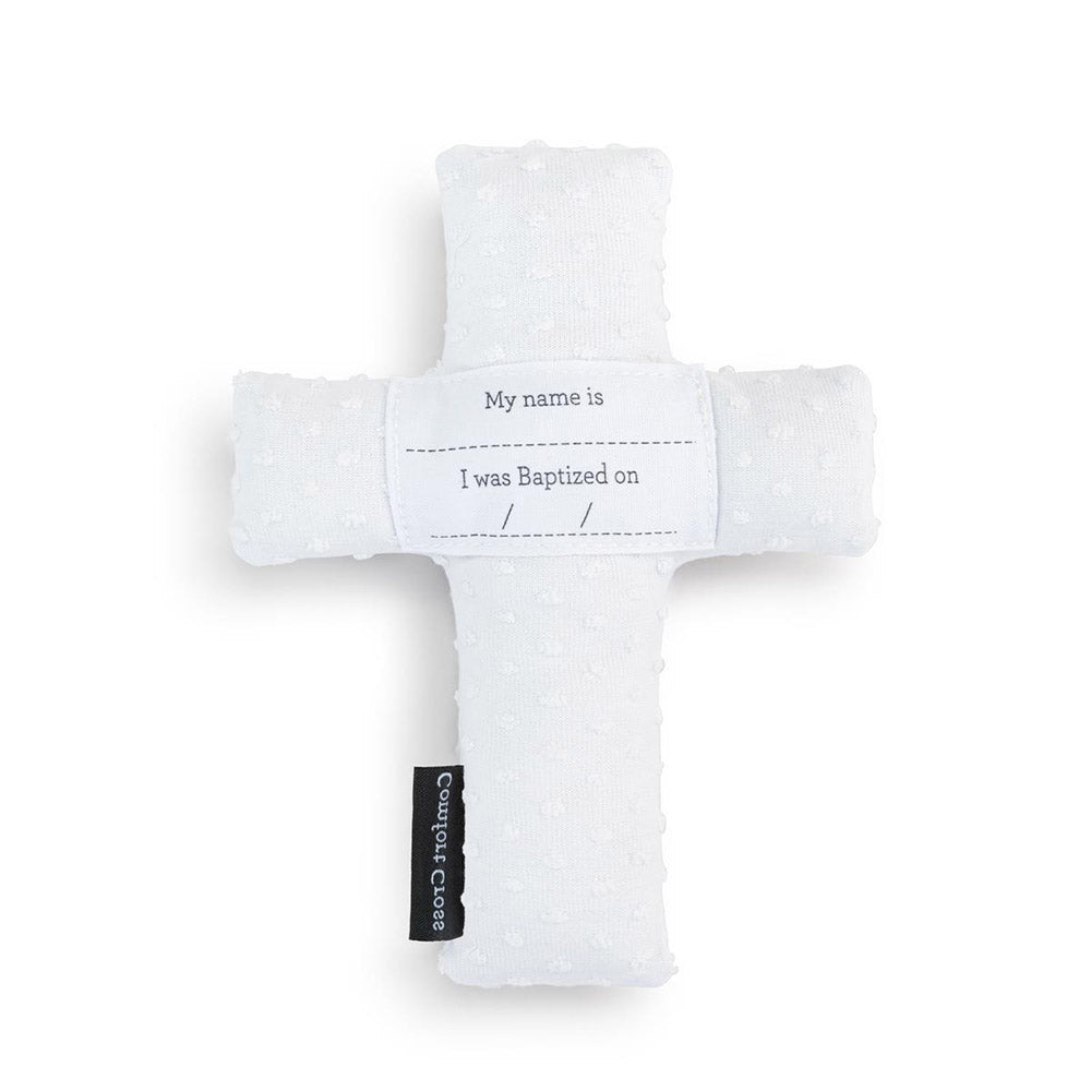 White, textured, fabric cross with baptismal information for children and babies.