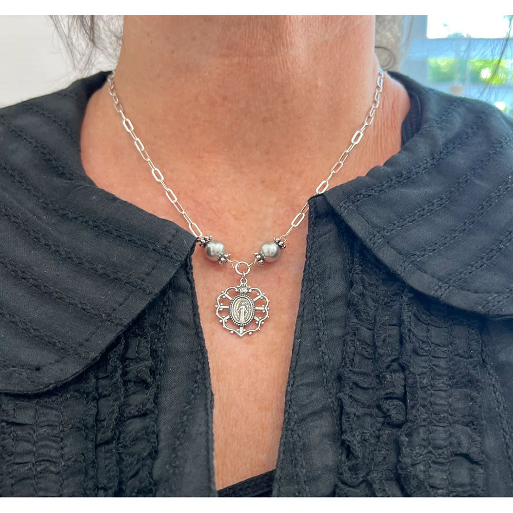 Sterling Silver & Pearl 7 Sorrows Miraculous Medal Necklace