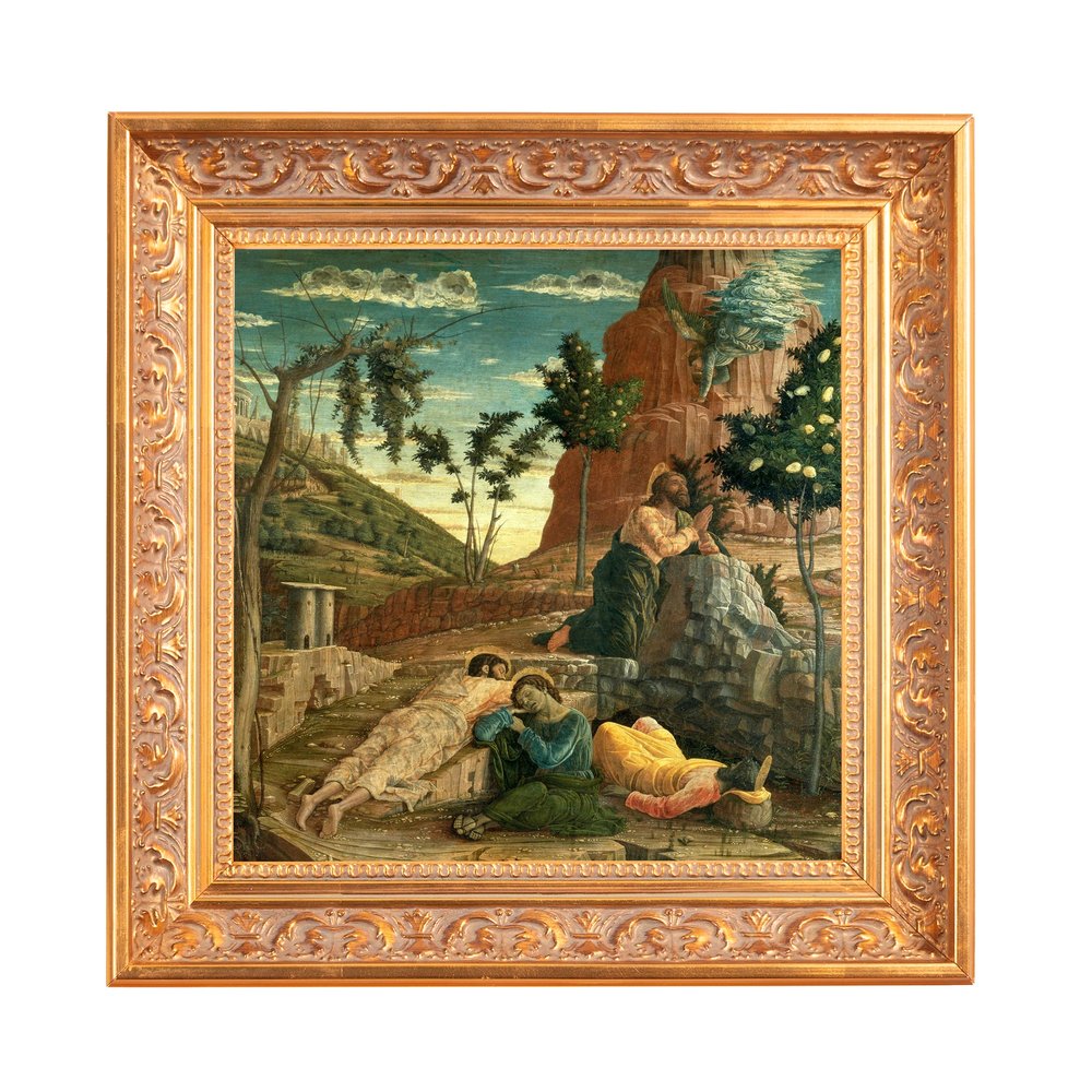 Framed Painting: Gold frame surrounds a religious scene with sleeping figures and a kneeling figure on a rocky hill.