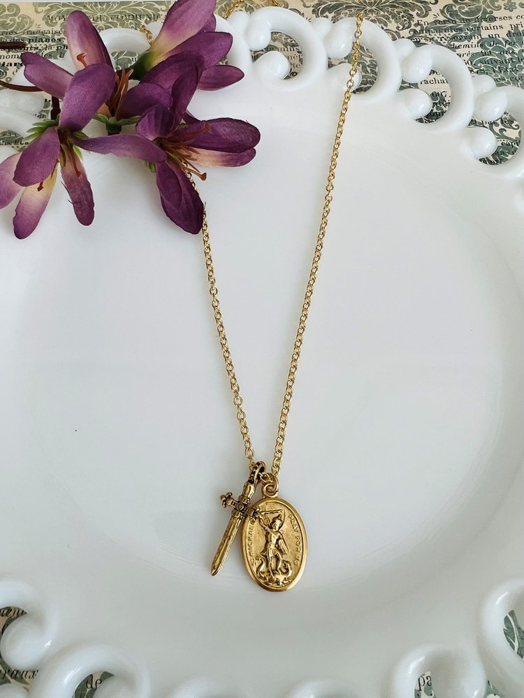 St. Michael Medal & Sword Cross Necklace