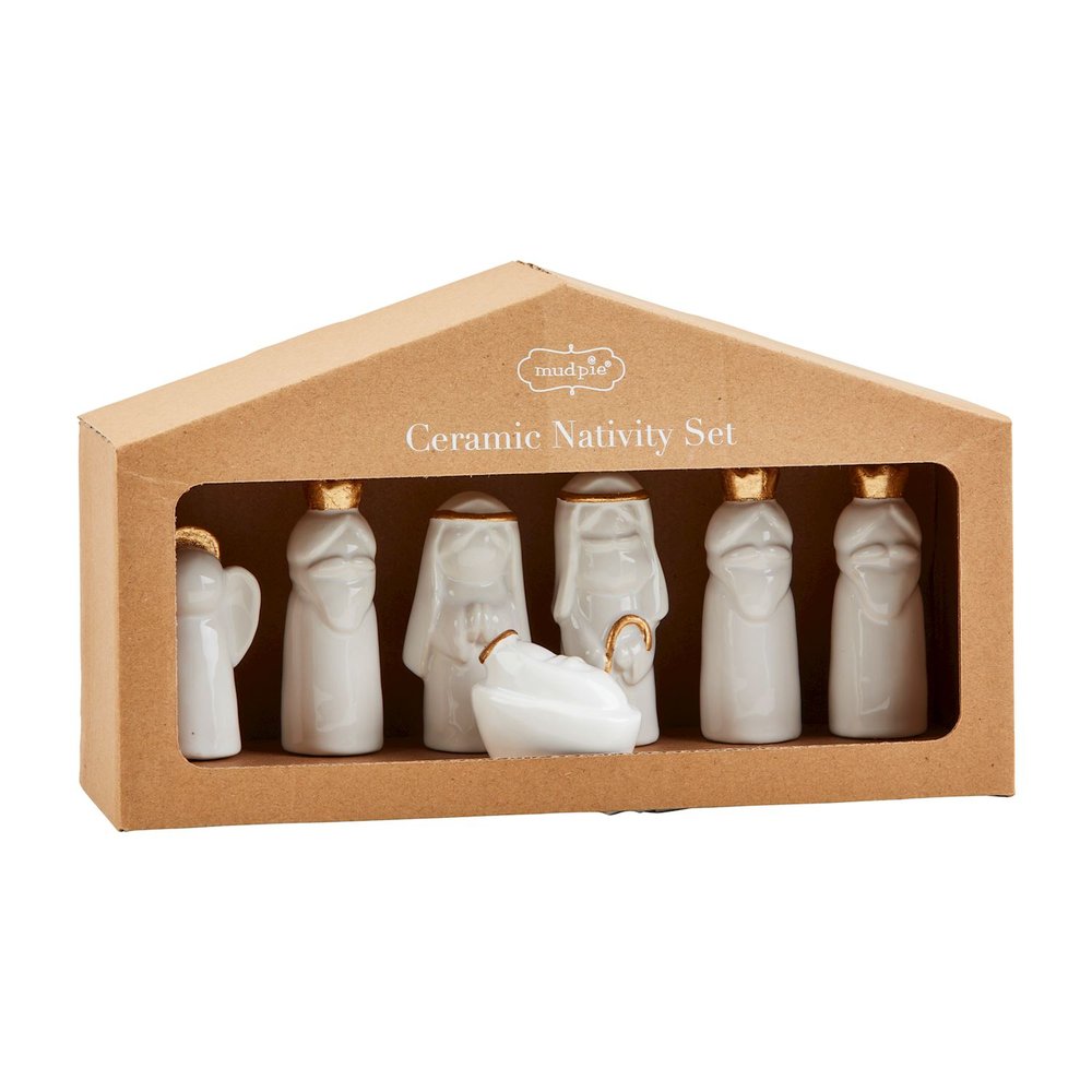 Minimalist Ivory & Gold Ceramic Nativity Set - 7 Pieces