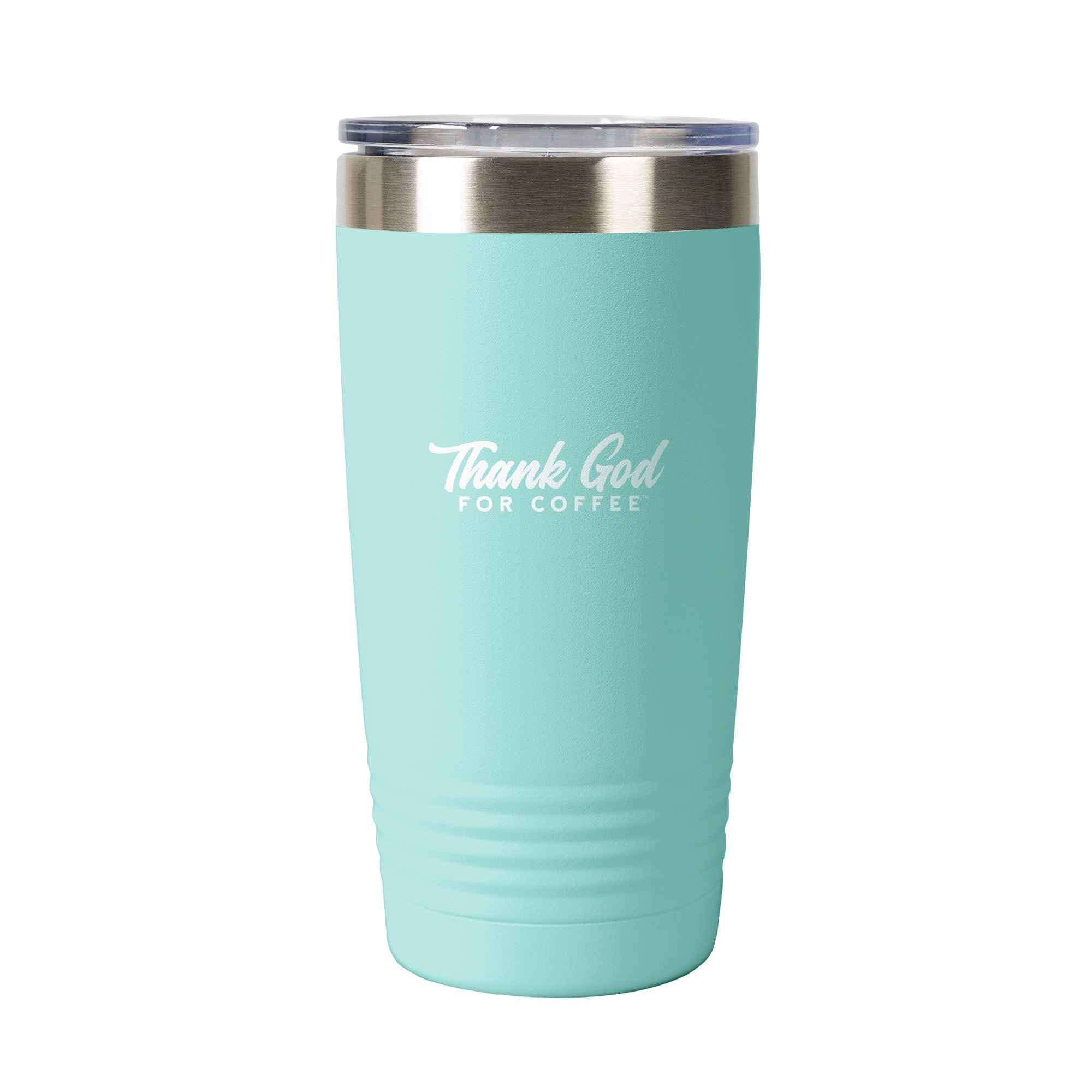 Teal stainless steel tumbler with clear lid, reads "Thank God for Coffee" in white font.