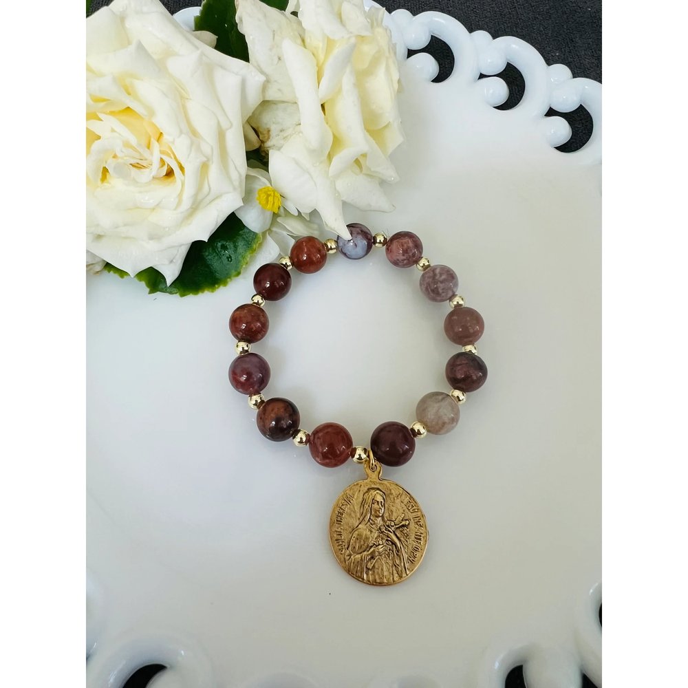 St. Thérèse Maroon & Gold Gemstone Stretch Bracelet
