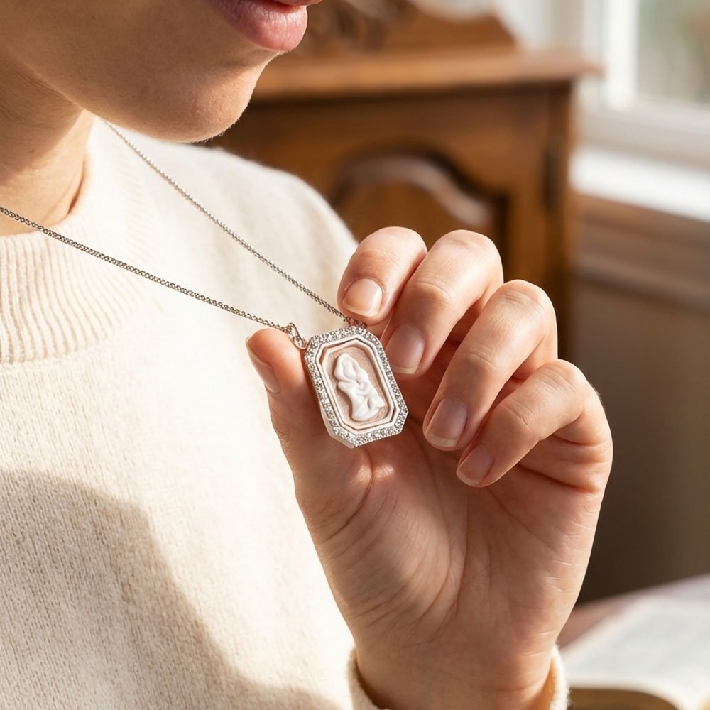 Sterling Silver & Crystal Madonna & Child Cameo Necklace