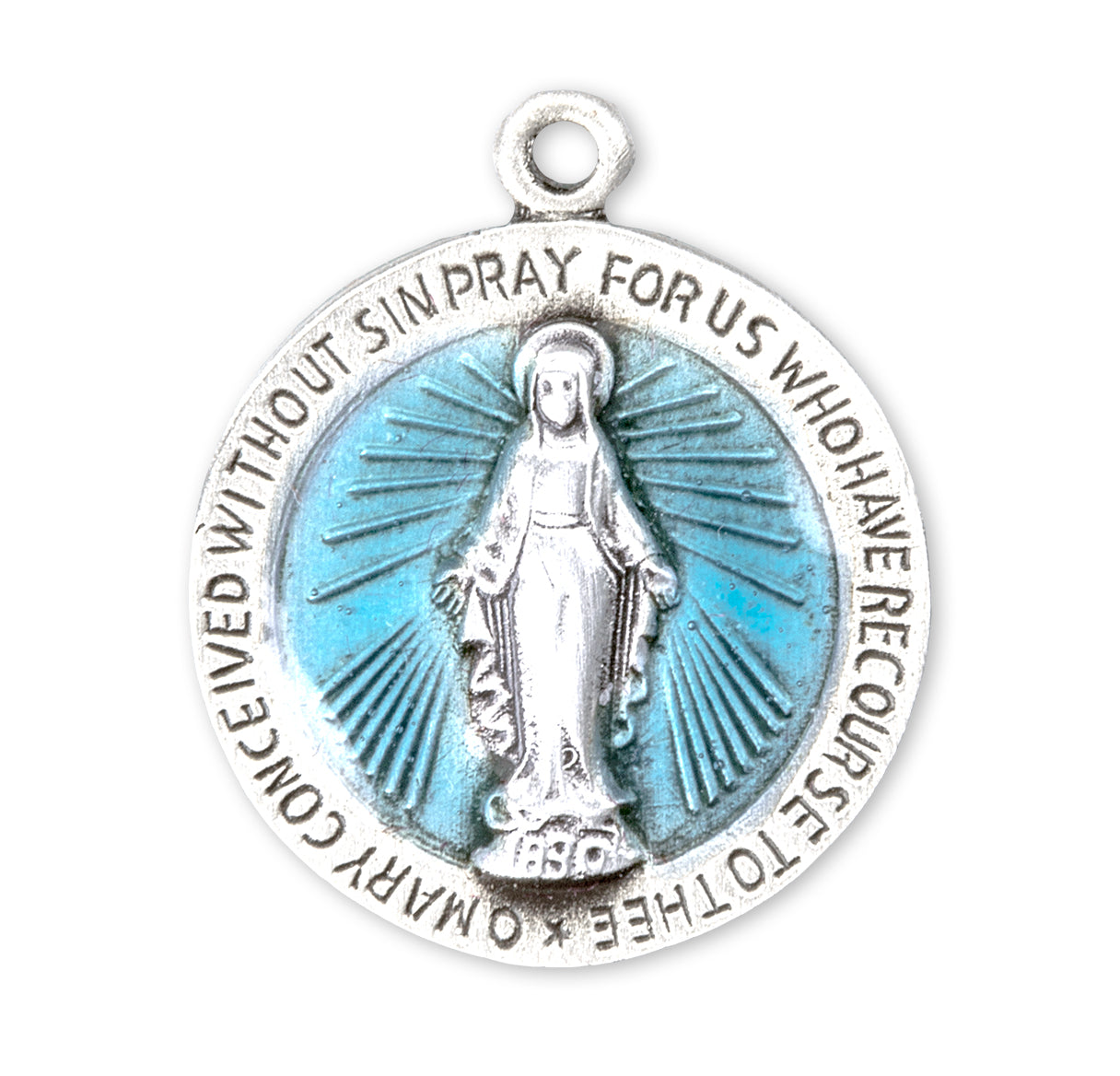 Sterling Round Miraculous Medal with Marian Blue Accents