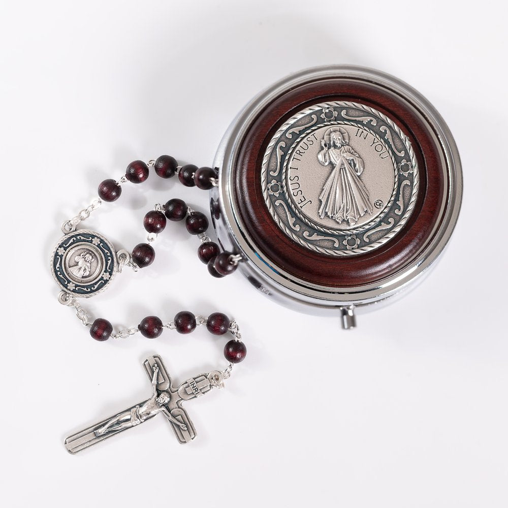 Italian Mahogany Miraculous Medal Rosary & Matching Rosary Box Set