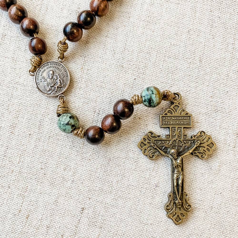 St. Joseph & Two Hearts Wood Bead Corded Rosary