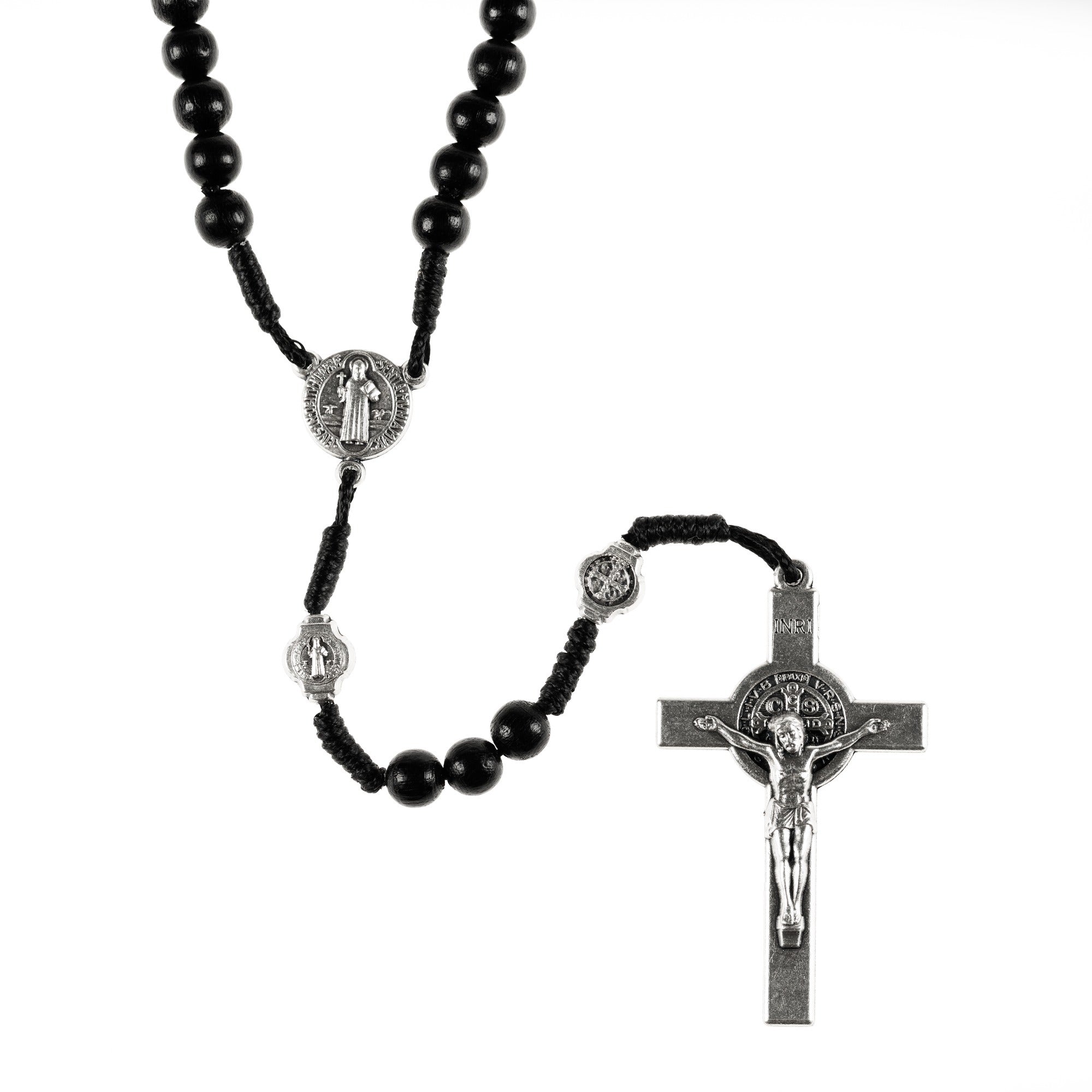 Black St. Benedict Wood Bead Corded Rosary