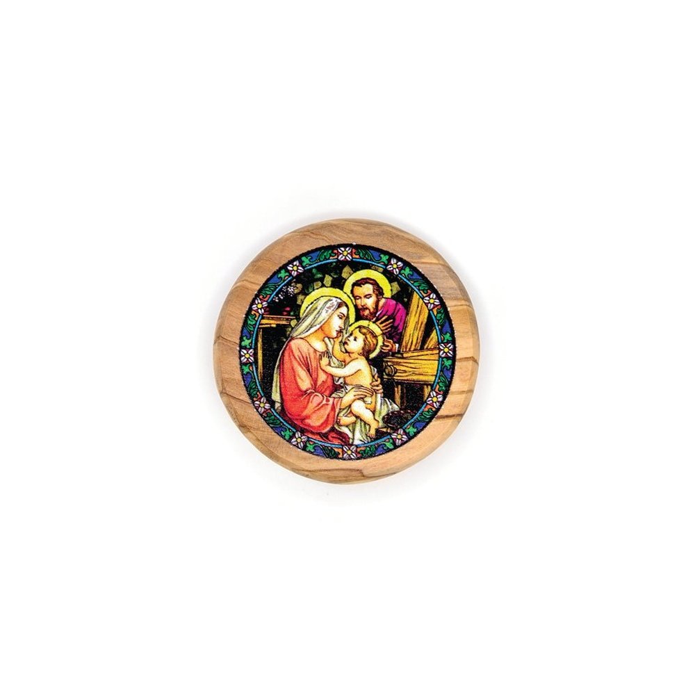 Holy Family Stained Glass Look Olive Wood Magnet - 2.5"