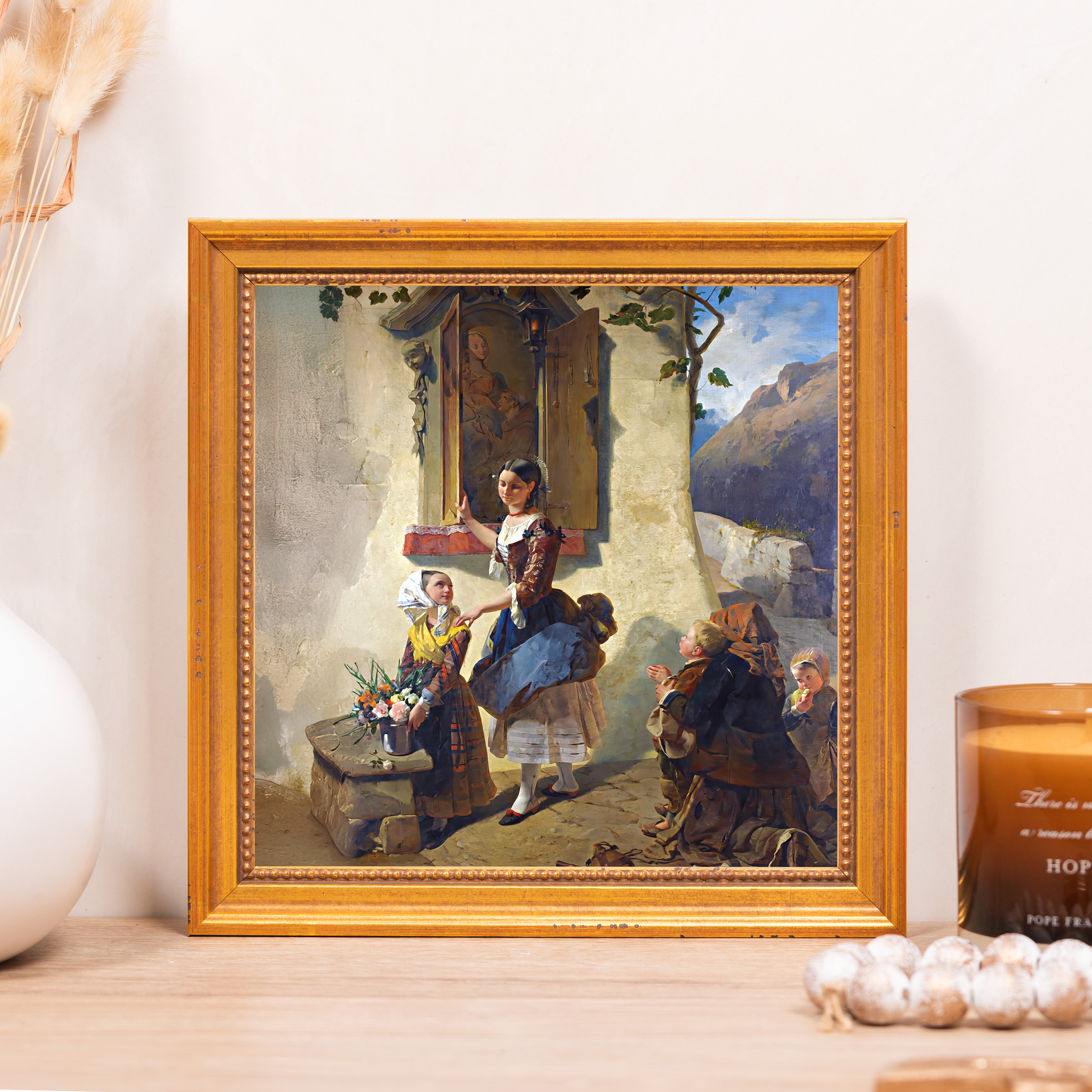 Framed oil painting depicts a woman in traditional dress being admired; in a gold frame.