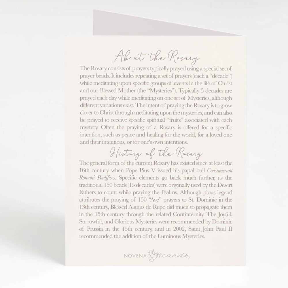 Informational paper card about the Rosary, with history and prayer details, in a light style with gray text on white background.